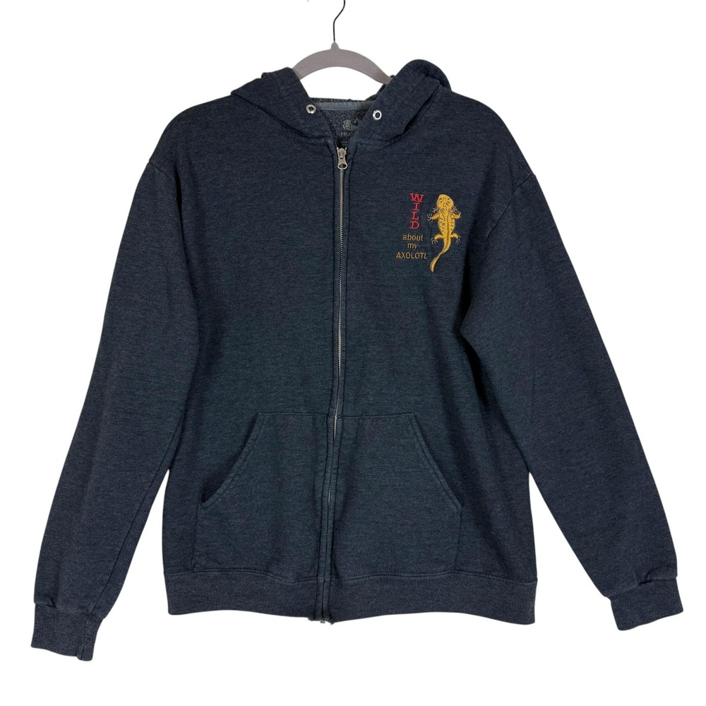 Fruit Of The Loom Hoodie Mens Medium Gray Zip Fleece Axolotl Embroidered Graphic